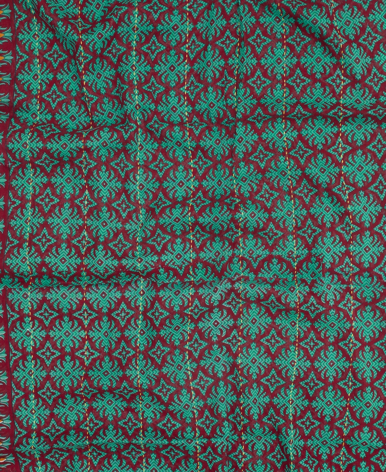 dark red straight scarf featuring a teal pattern artisan made 