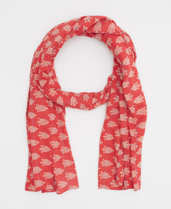 Coral eco friendly scarf featuring blue traditional kantha stitching 