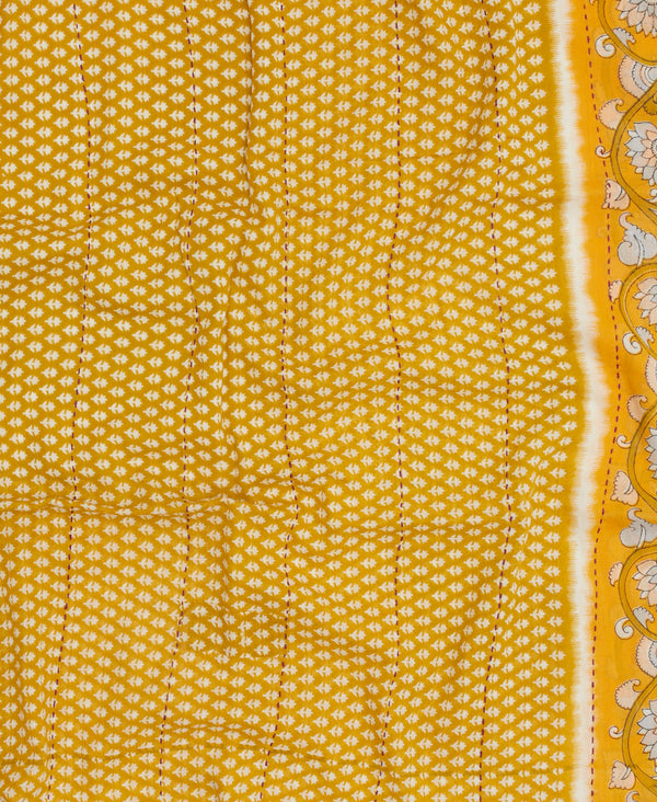 Artisan made yellow scarf with a small white print  and burgundy traditional  kantha stitching 