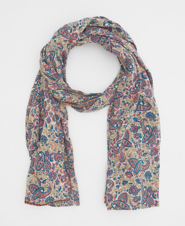 Pink and blue paisley ecofriendly scarf created using upcycled vintage saris  