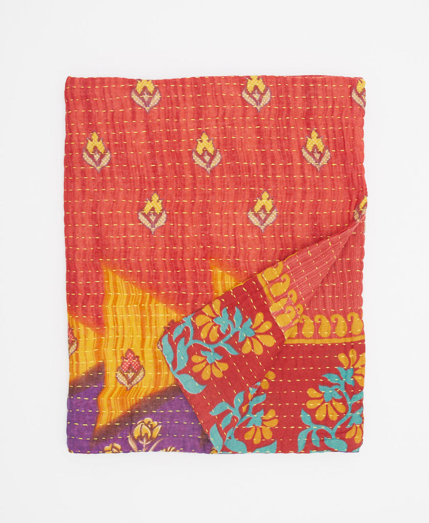 Artisan-made small throw blanket featuring yellow kantha stitching 
