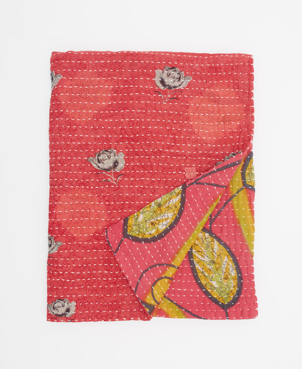 red and grey rose print kantha quilt throw 