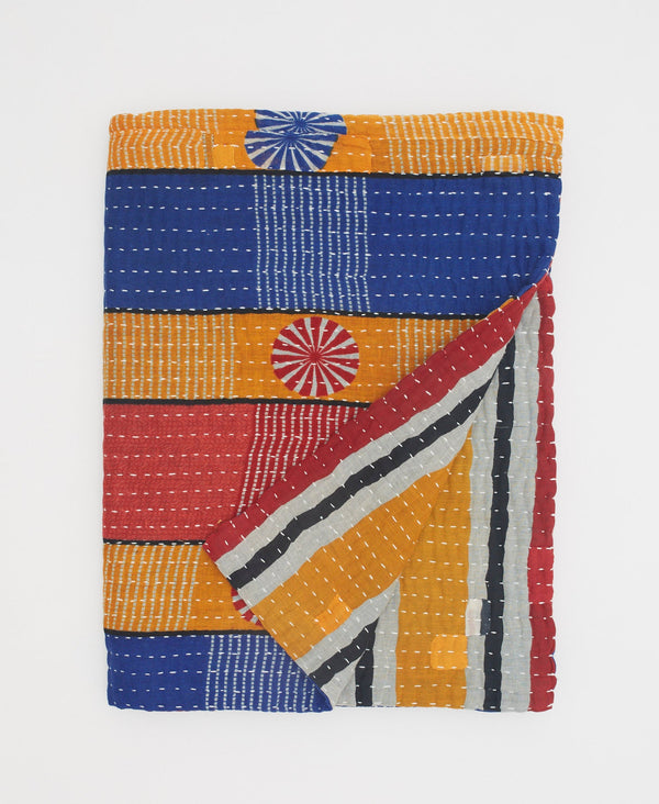 orange and blue striped kantha quilt throw 