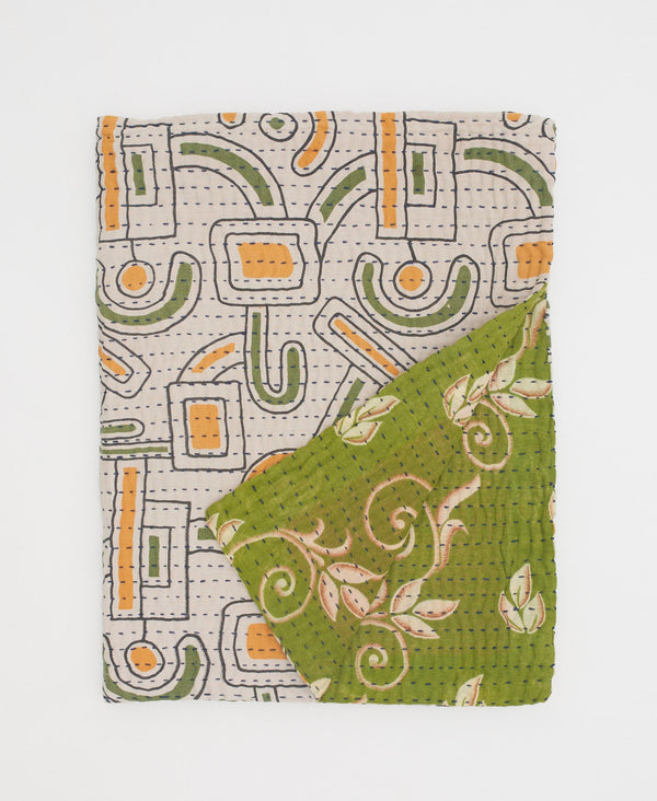 yellow and green geometric kantha throw quilt 