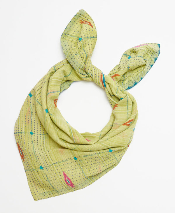 pale green soft cotton square scarf handmade by women artisans using upcycled vintage saris