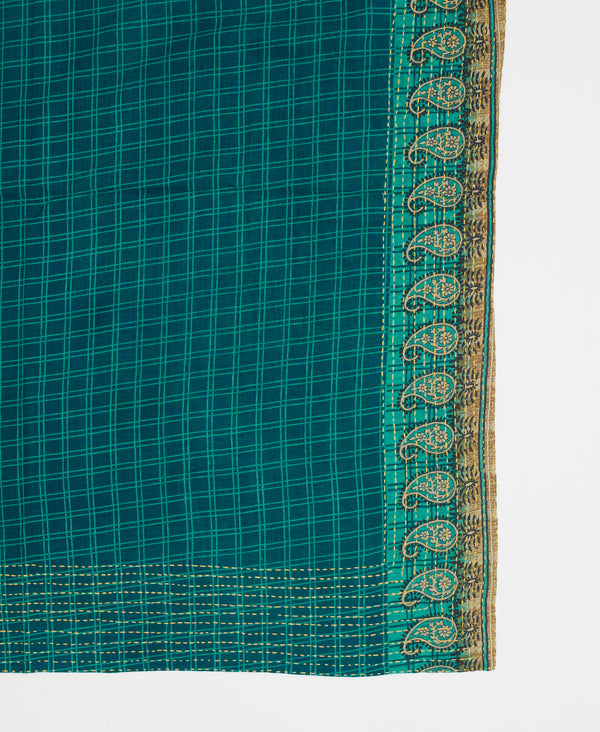 Teal and brown grid and paisley print vintage cotton square scarf 