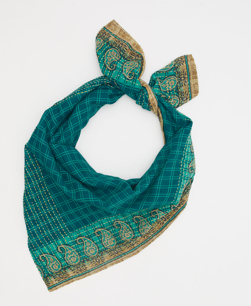One of a kind square scarf created using upcycled vintage saris featuring yellow kantha stitching 
