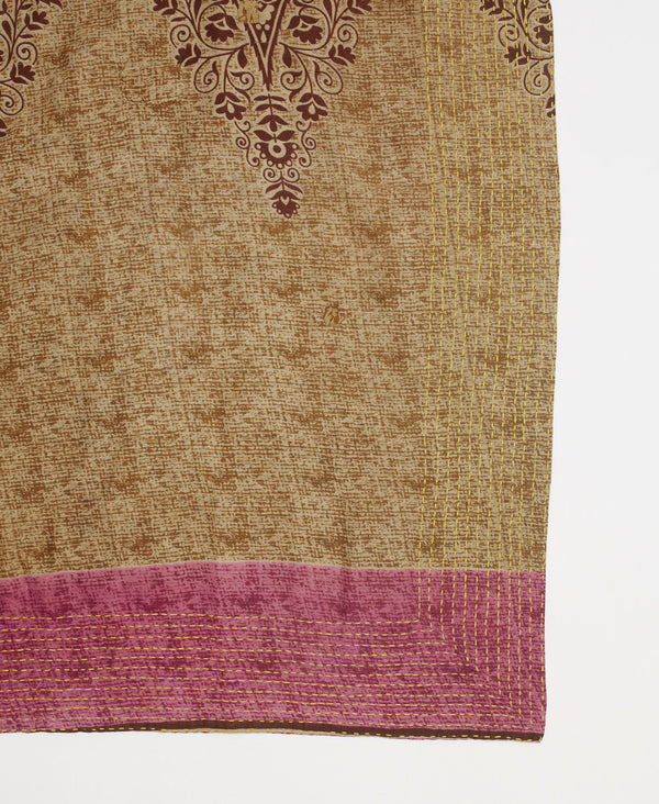 brown and purple artisan made scarf  featuring yellow traditional kantha stitching 