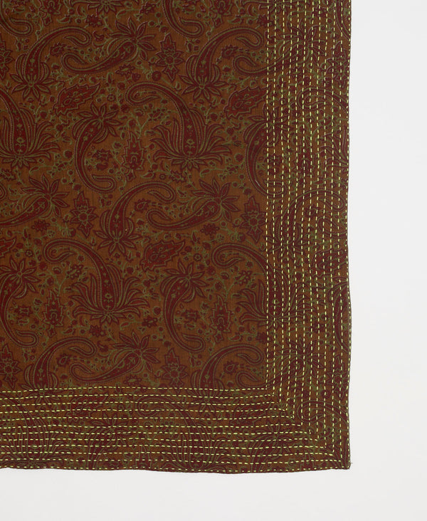 Brown and red paisley artisan-made scarf featuring traditional yellow kantha stitching