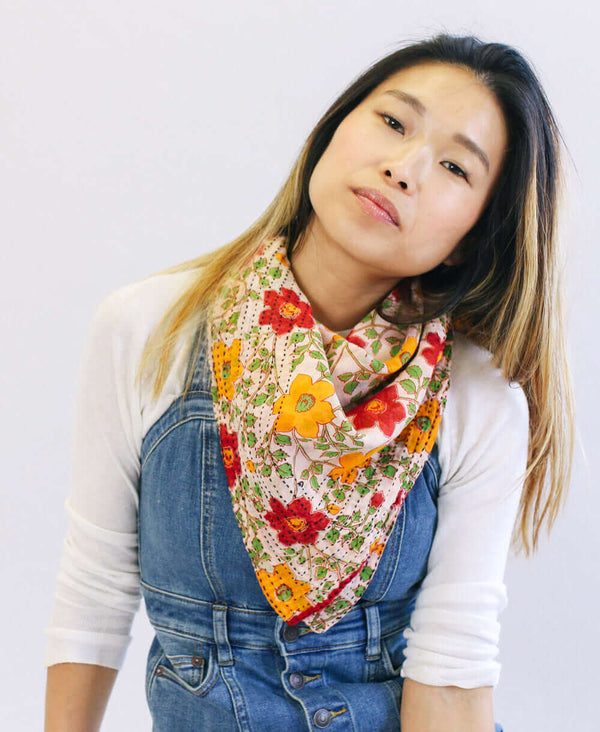 Bold cotton yellow, red, and green floral patterned boho scarf 