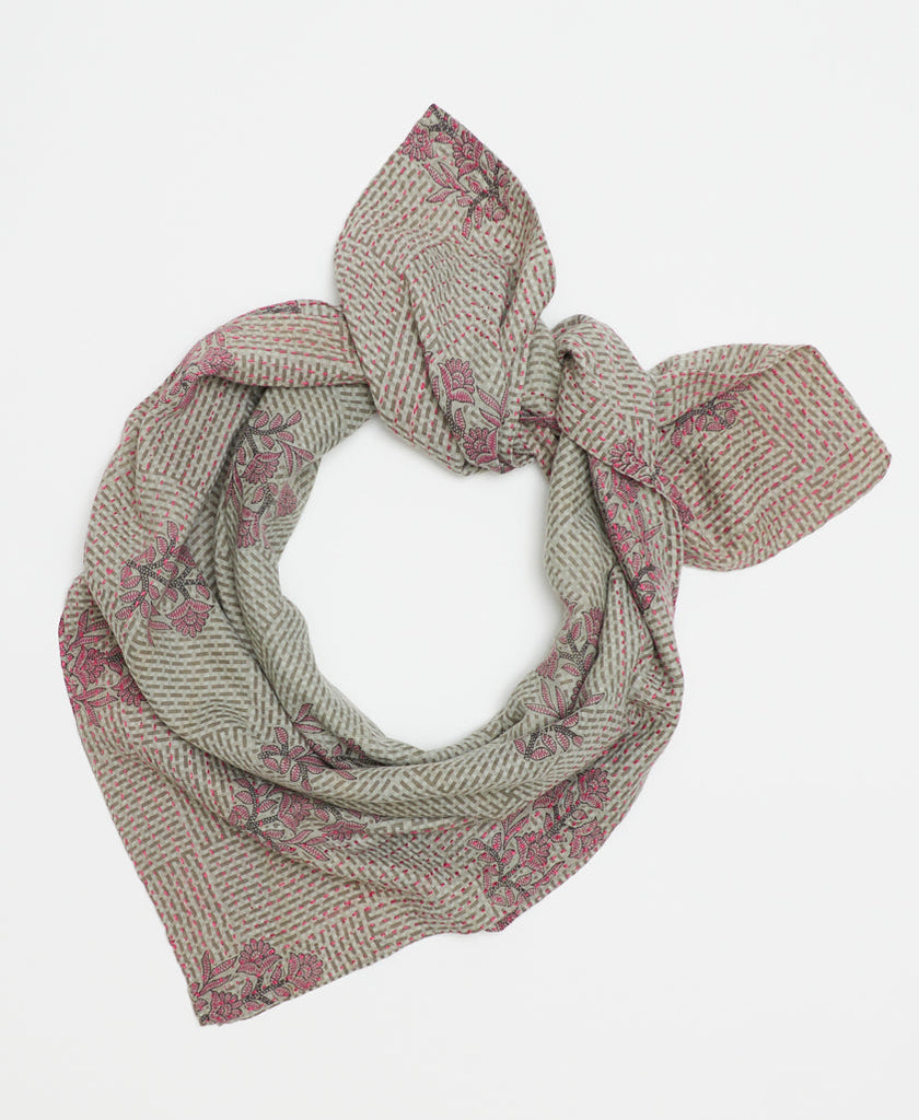grey and pink cotton square scarf made of soft layers of upcycled vintage saris hand-stitched by a woman artisan in Ajmer, India