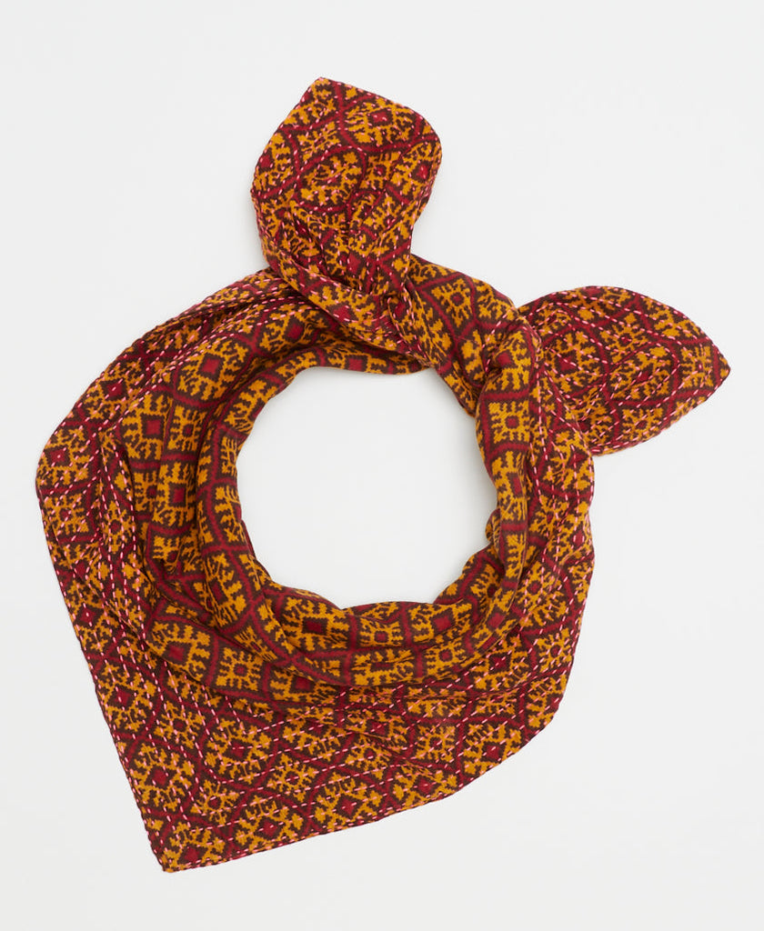 burgundy and burnt orange cotton square scarf made of layers of upcycled vintage saris by a woman artisan in Ajmer, India