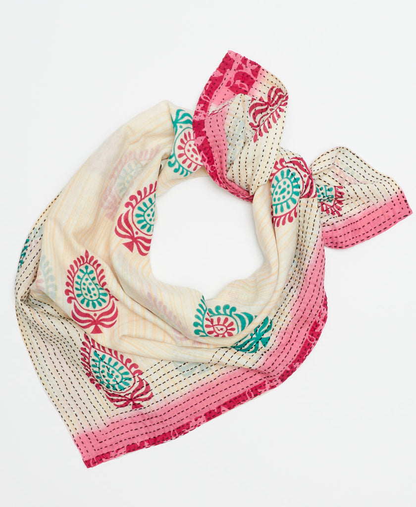 white cotton fair trade square scarf with green and pink details made using upcycled saris hand-stitched by a woman artisan in Ajmer, India 