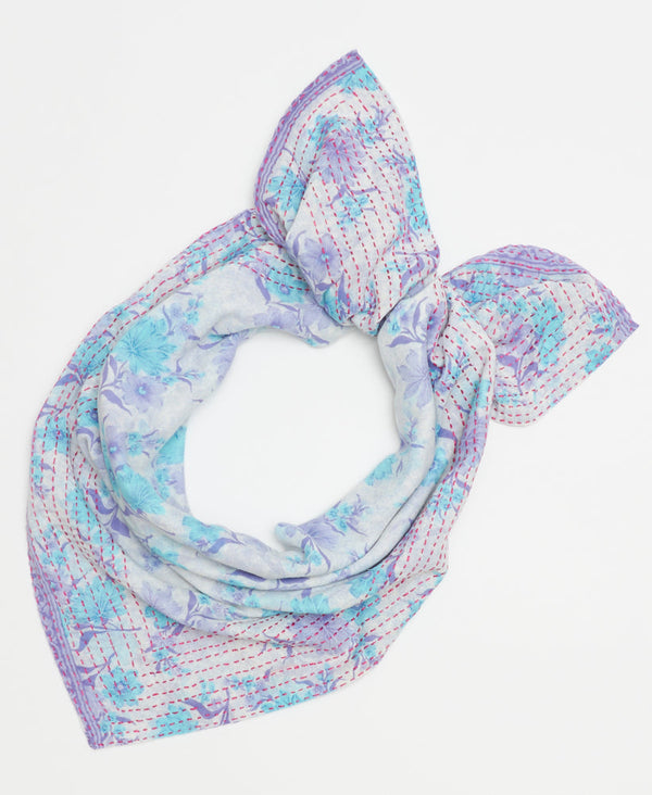 fair trade white, blue, and purple floral cotton square scarf hadn-crafted by women artisans in Ajmer, India using layers of recycled vintage saris
