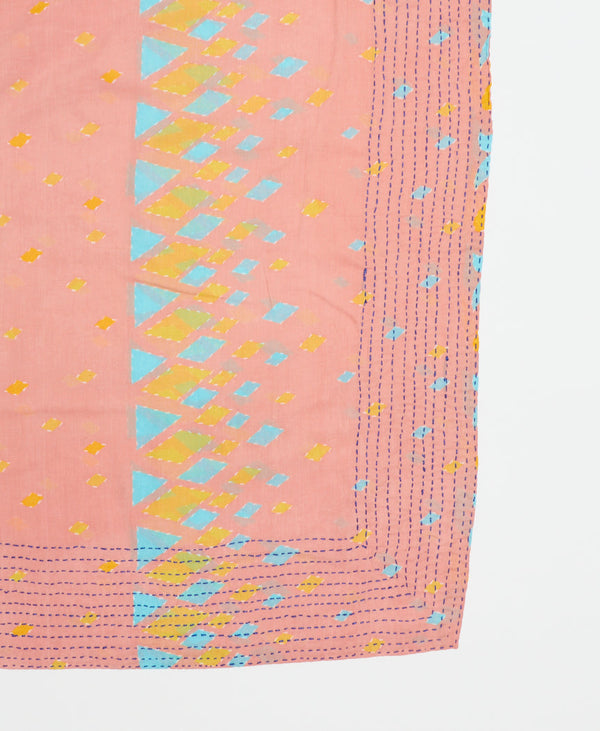 coral pink soft cotton square scarf with bright blue and mustard triangles and black traditional kantha stitching 