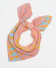 pink, blue, and yellow fair trade square scarf made by a woman artisan in Ajmer, India using recycled vintage cotton saris 