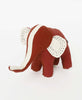 Red colored toy elephant with white ears and stripe paired with traditional black stitching 