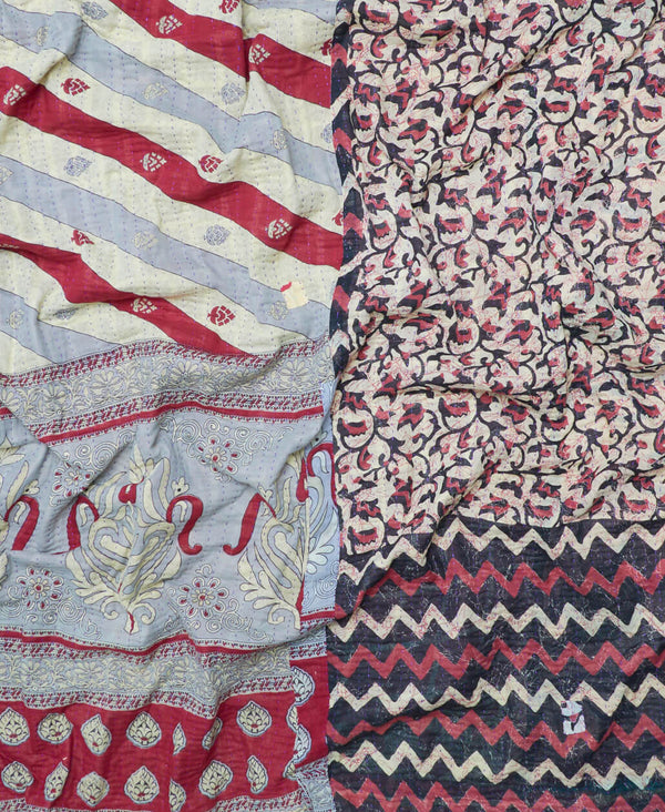handmade king sized kantha quilt in red and blue pattern