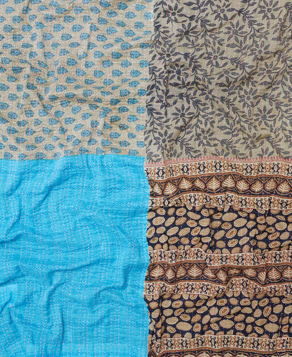 handmade king kantha quilt in beige and blue pattern