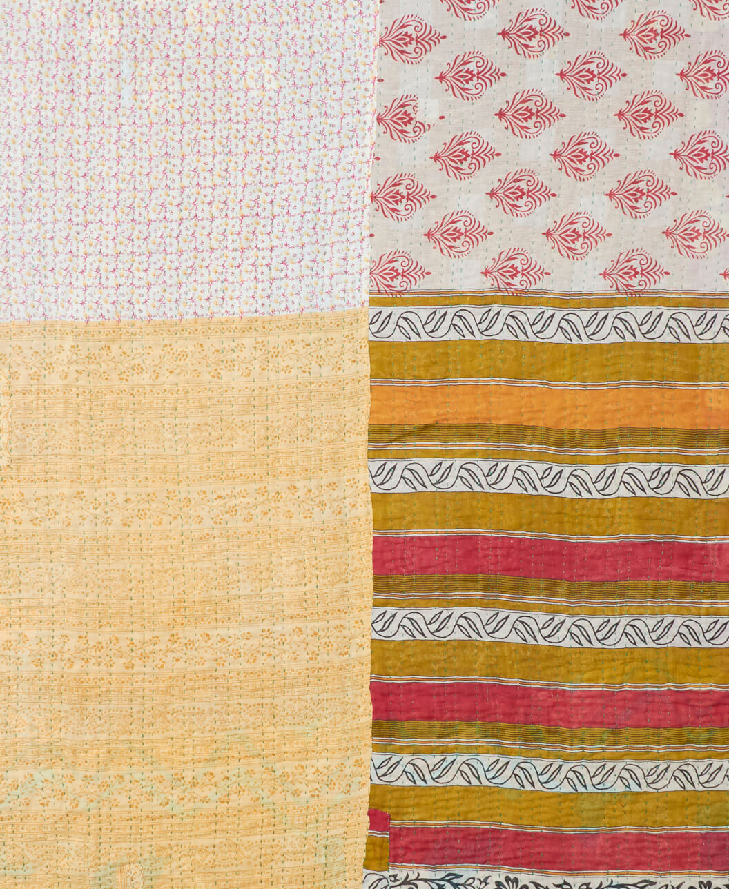 red and green striped pattern on king size kantha quilt that is one-of-a-kind