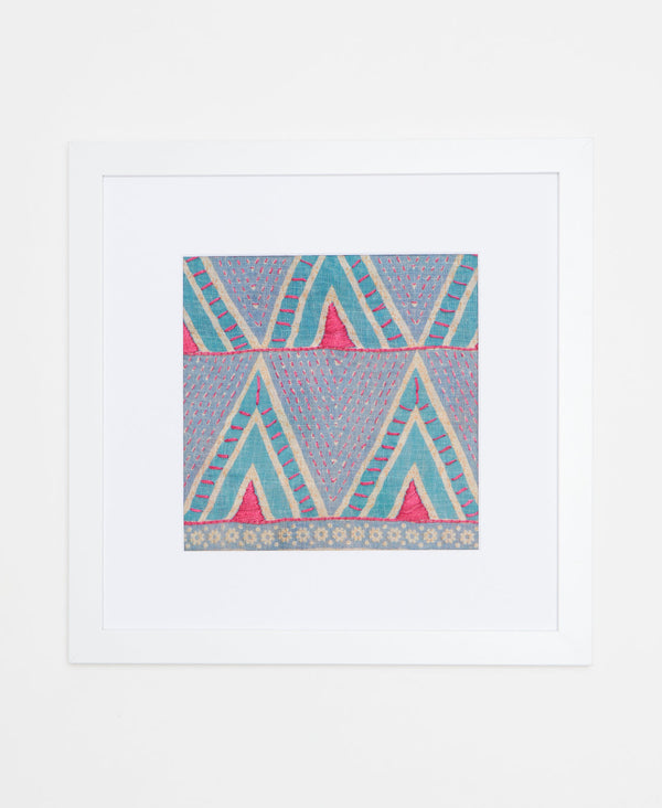 Handcrafted artisan-made textile art featuring a blue and pink  graphic triangle design 