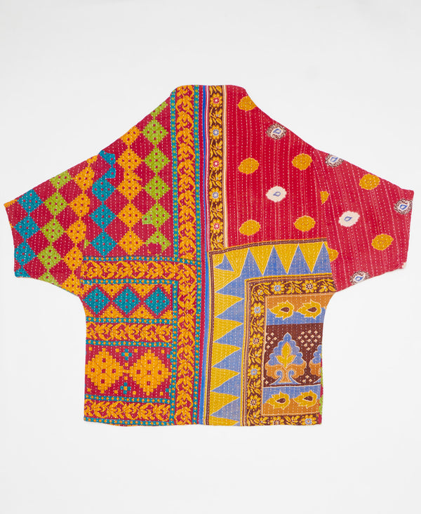 Bold colorful floral print artisan-made cocoon jacket featruing Kantha stitching 