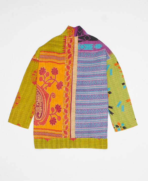 Bold and colorful abstract print artisan-made jacket created with upcycled vintage saris 