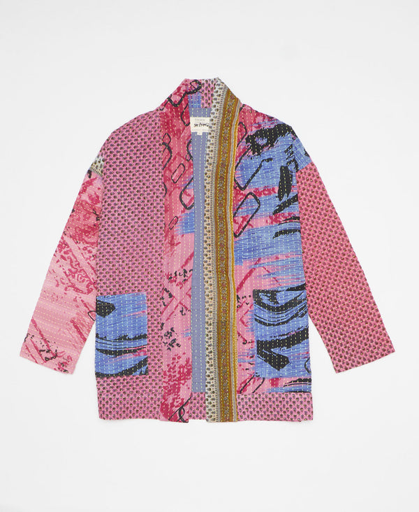 One-of-a-kind open front quilted jacket featuring two pockets and kantha stitching  