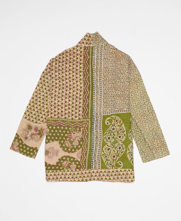 Muted green dot and floral print artisan-made jacket created with upcycled vintage saris 