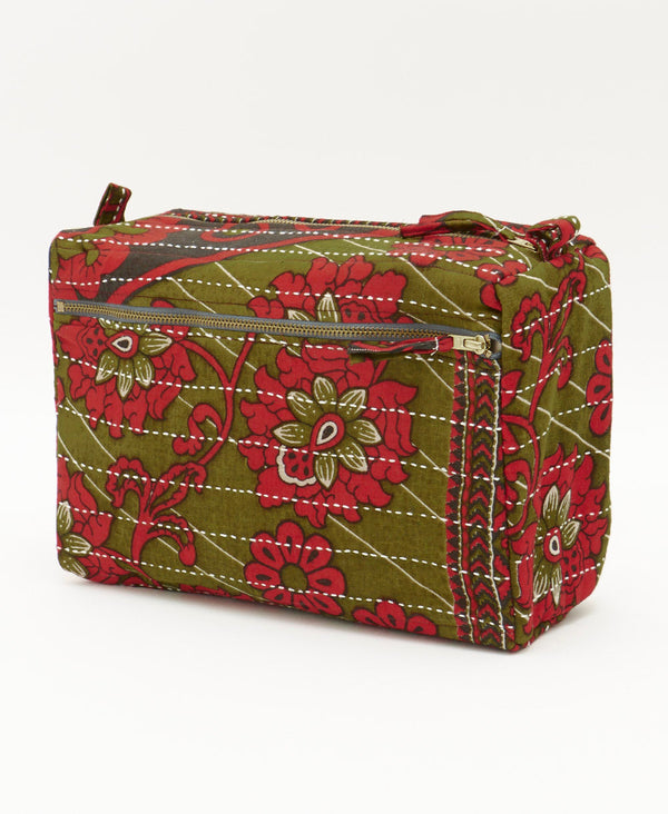 red and olive green floral fabric toiletry bag handmade from unique vintage fabrics
