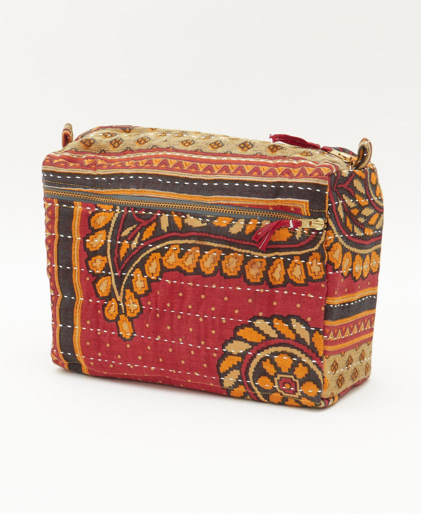 handmade large vintage kantha toiletry bag in red, orange and tan paisley by Anchal