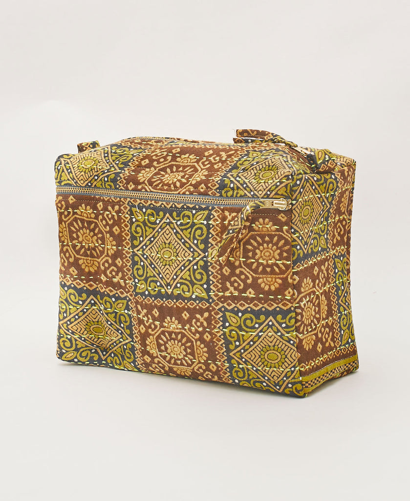 Large cotton toiletry bag featuring a front zippered pocket and white kantha stitching 
