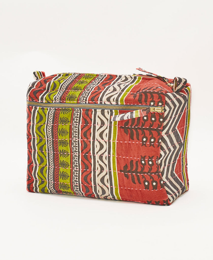 Large cotton toiletry bag featuring a front zip pocket and pink kantha stitching 