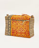 Bold red, organge, black and brown toiletry bag featuring purple traditional kantha hand stitching 