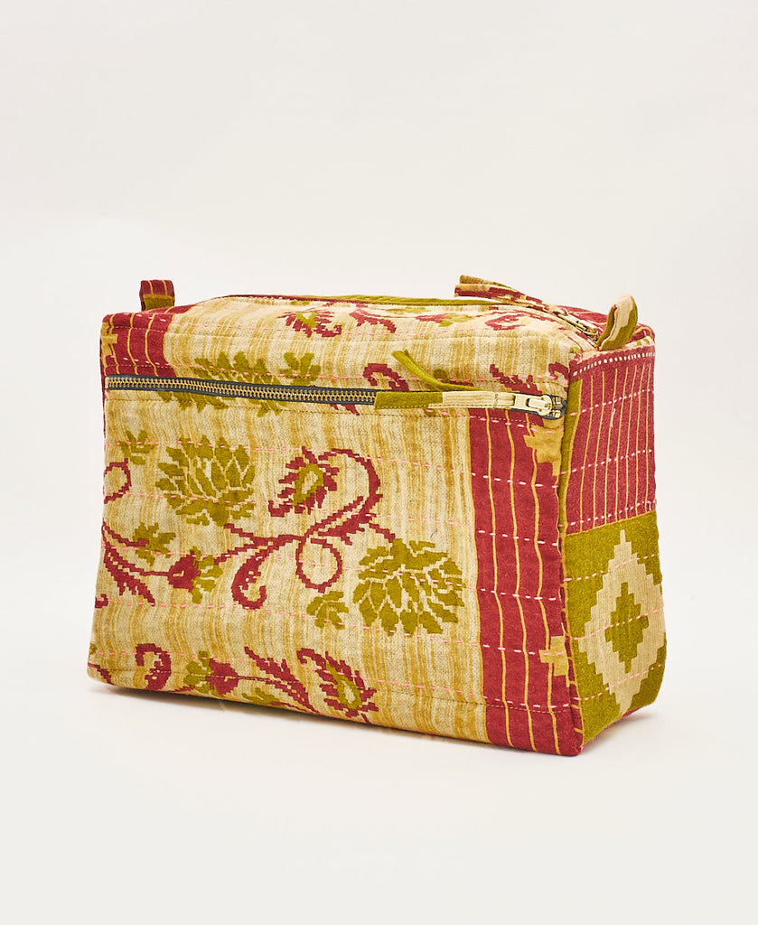 Vintage cotton toiletry bag featuring pink traditional kantha hand stitching crafted from recycled saris 