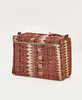 Tan and red cotton toiletry bag featuring white traditional cotton hand stitching 