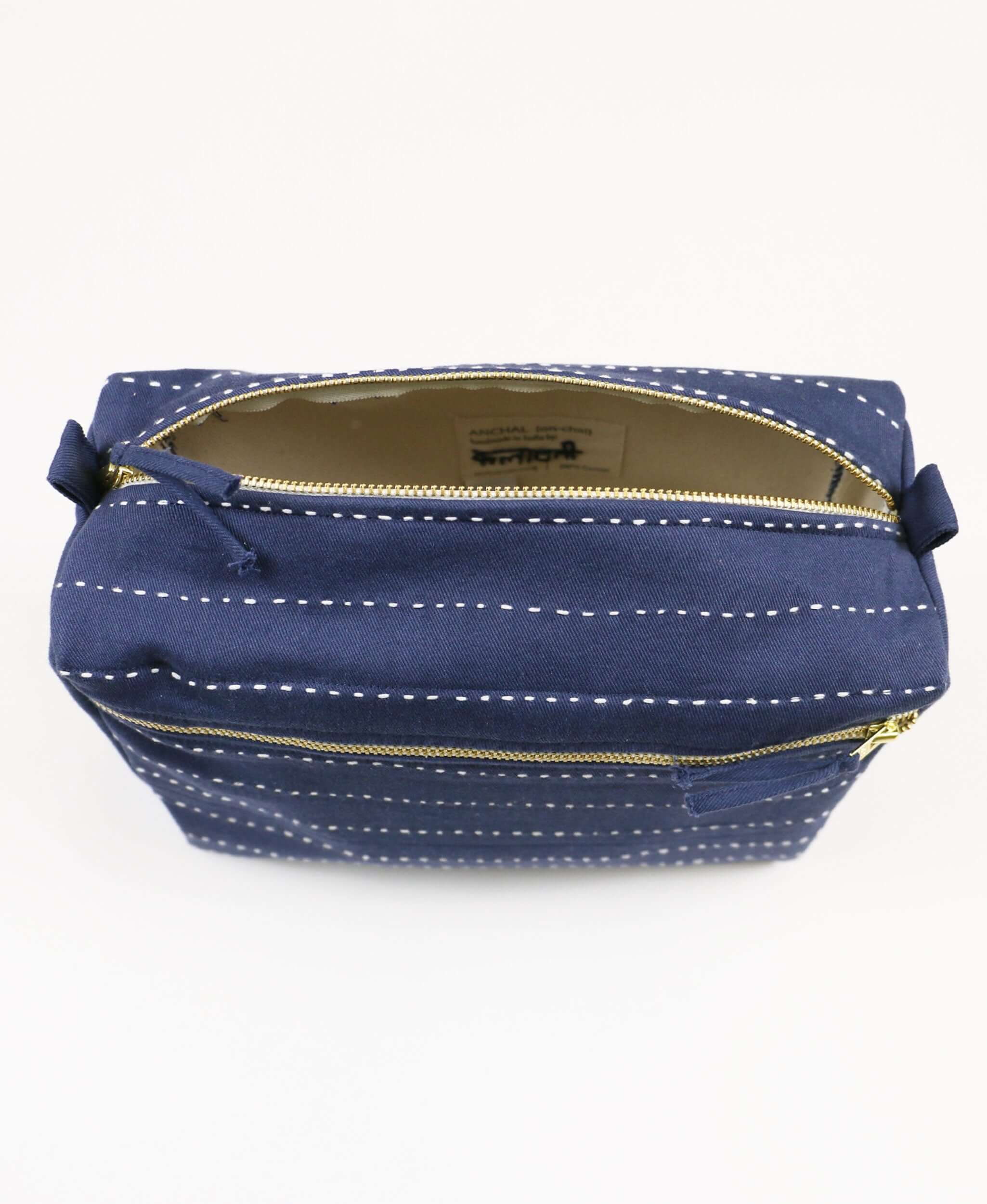 navy blue organic cotton large toiletry bag with striped stitching