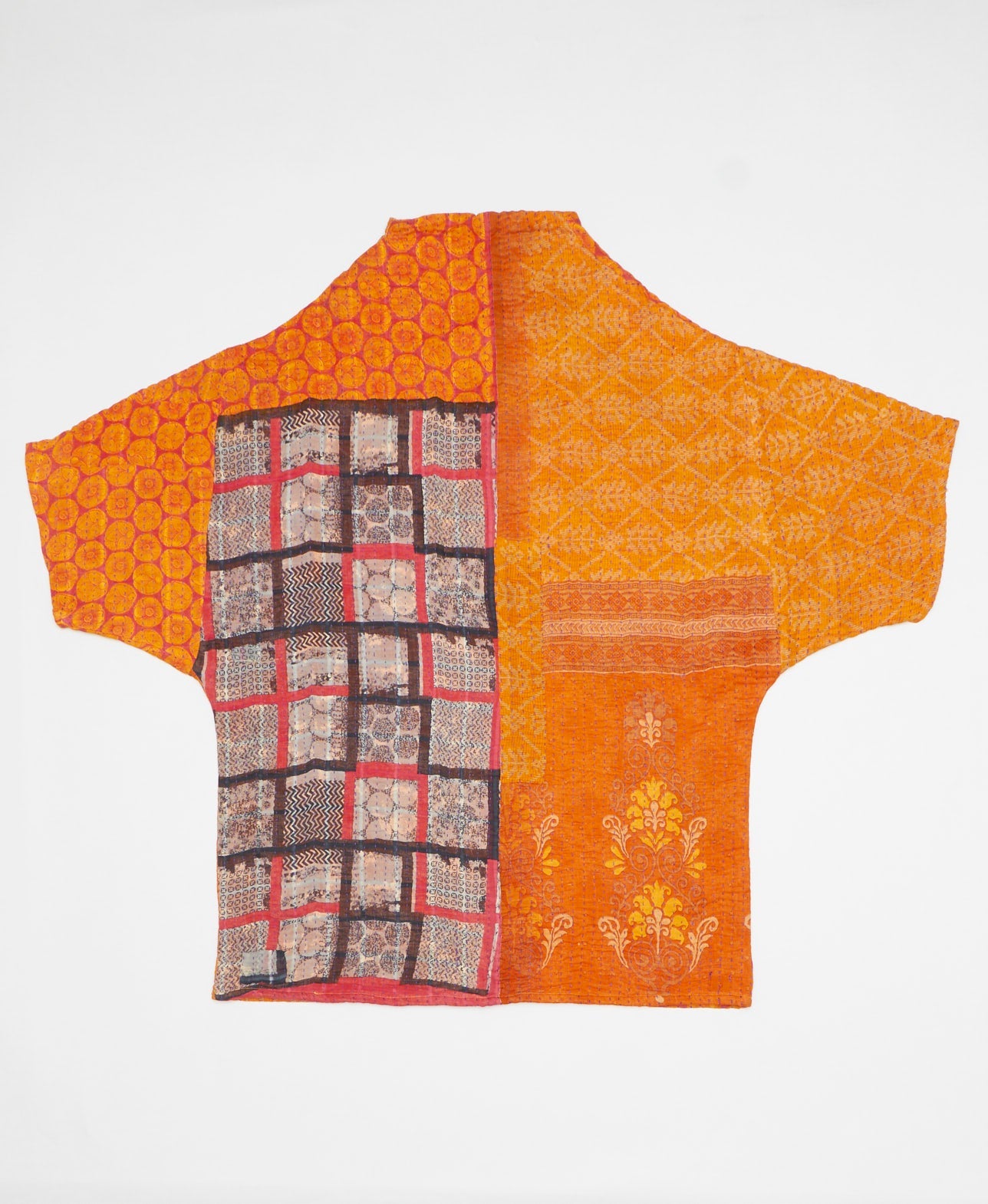 Yellow and red abstract print artisan-made cocoon jacket featruing Kantha stitching 