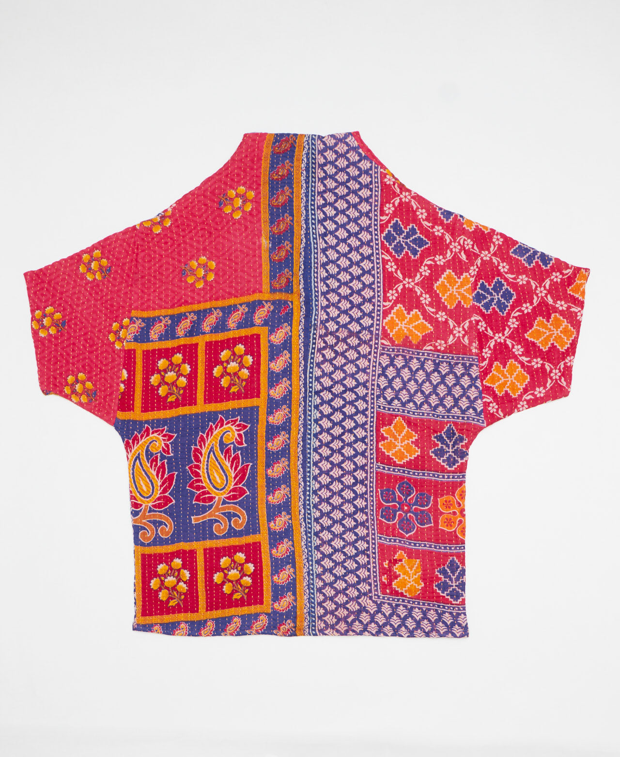 Yellow, blue, and red abstract print artisan-made cocoon jacket featruing Kantha stitching 