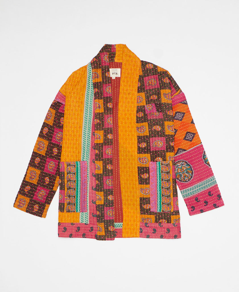 One-of-a-kind open front quilted jacket featuring two pockets and kantha stitching  