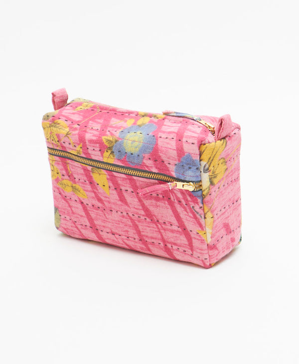 handmade vintage kantha toiletry bag by Anchal Project in baby pink floral pattern