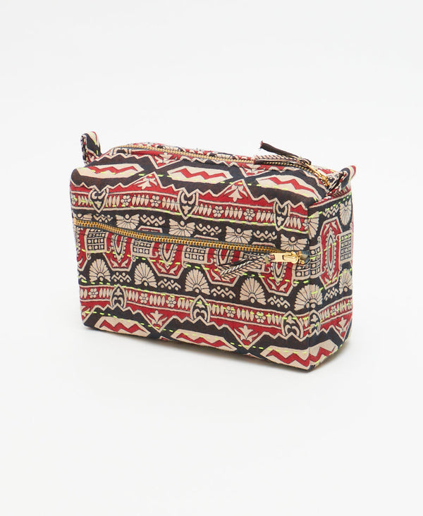 handmade black, red and white small kantha toiletry bag lined with canvas