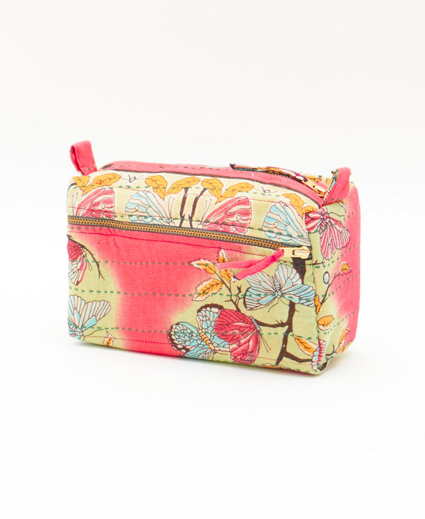 Hot pink artisan-made toiletry bag featuring kantha stitching 