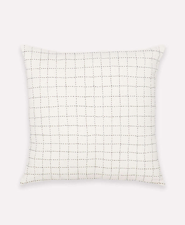 contemporary geometric throw pillow with hand-embroidered grid pattern