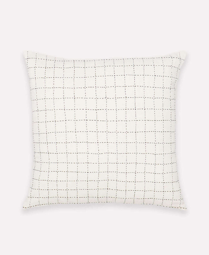 contemporary geometric throw pillow with hand-embroidered grid pattern