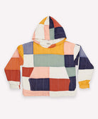 quilted hoodie with checkered design featuring red, peach, green, and dark yellow colors