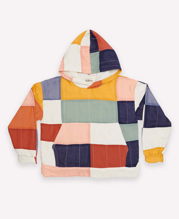 Hoodie with checkered design featuring red, peach, green, and dark yellow colors