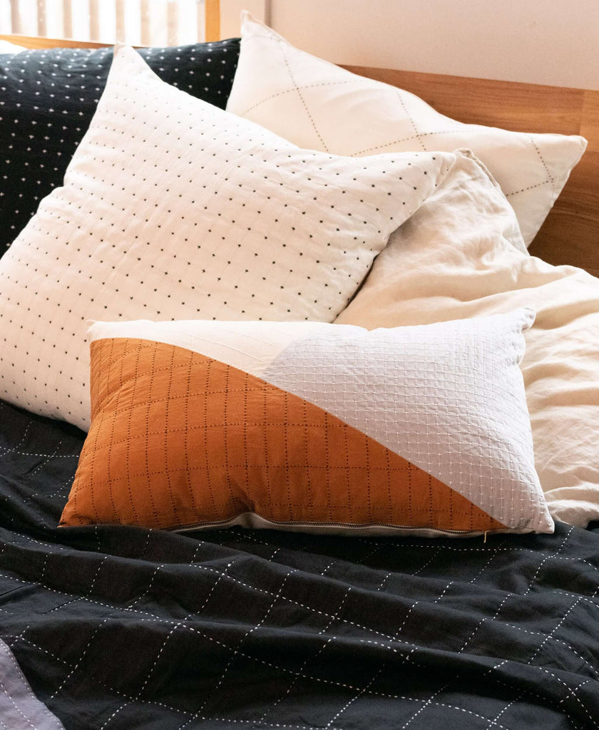 organic cotton modern colorblock throw pillow with hand-stitched embroidery