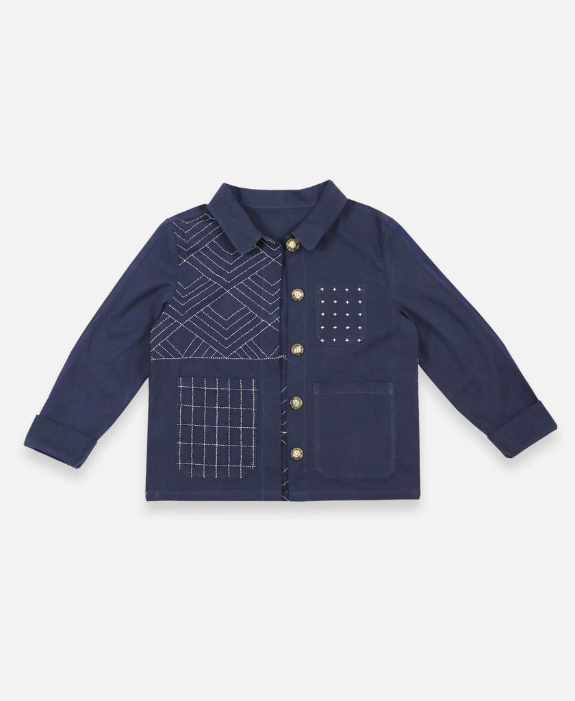 Anchal button up organic cotton chore jacket with mismatched pockets in navy