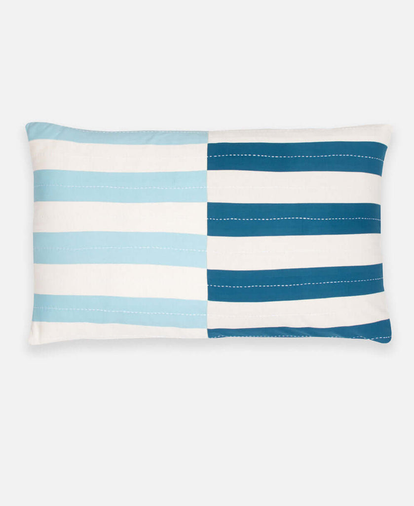 organic cotton blue striped throw pillow with hand-stitched embroidery